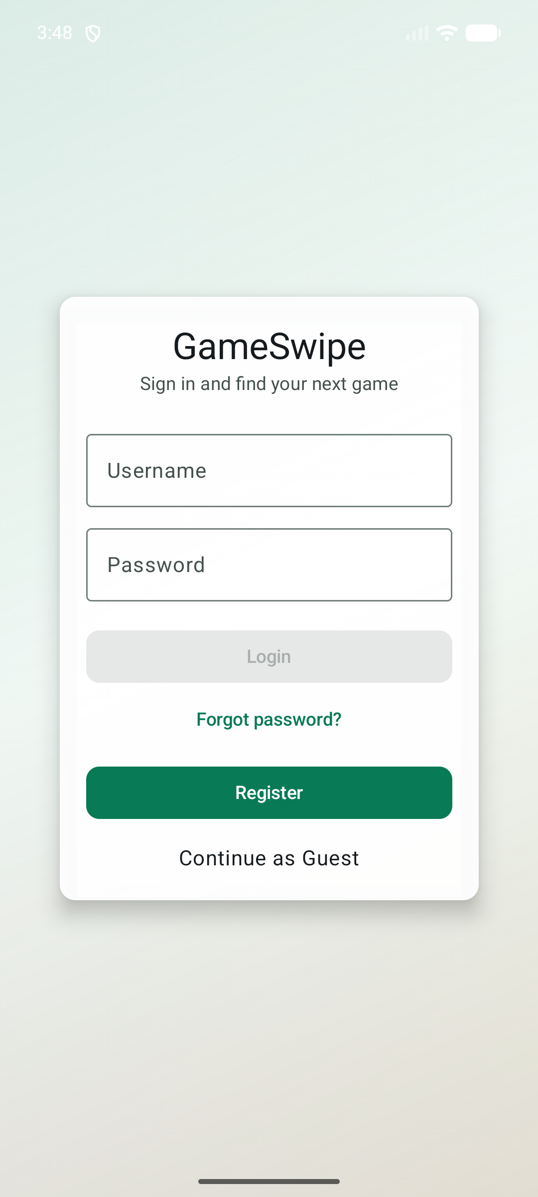 GameSwipe Android login screen