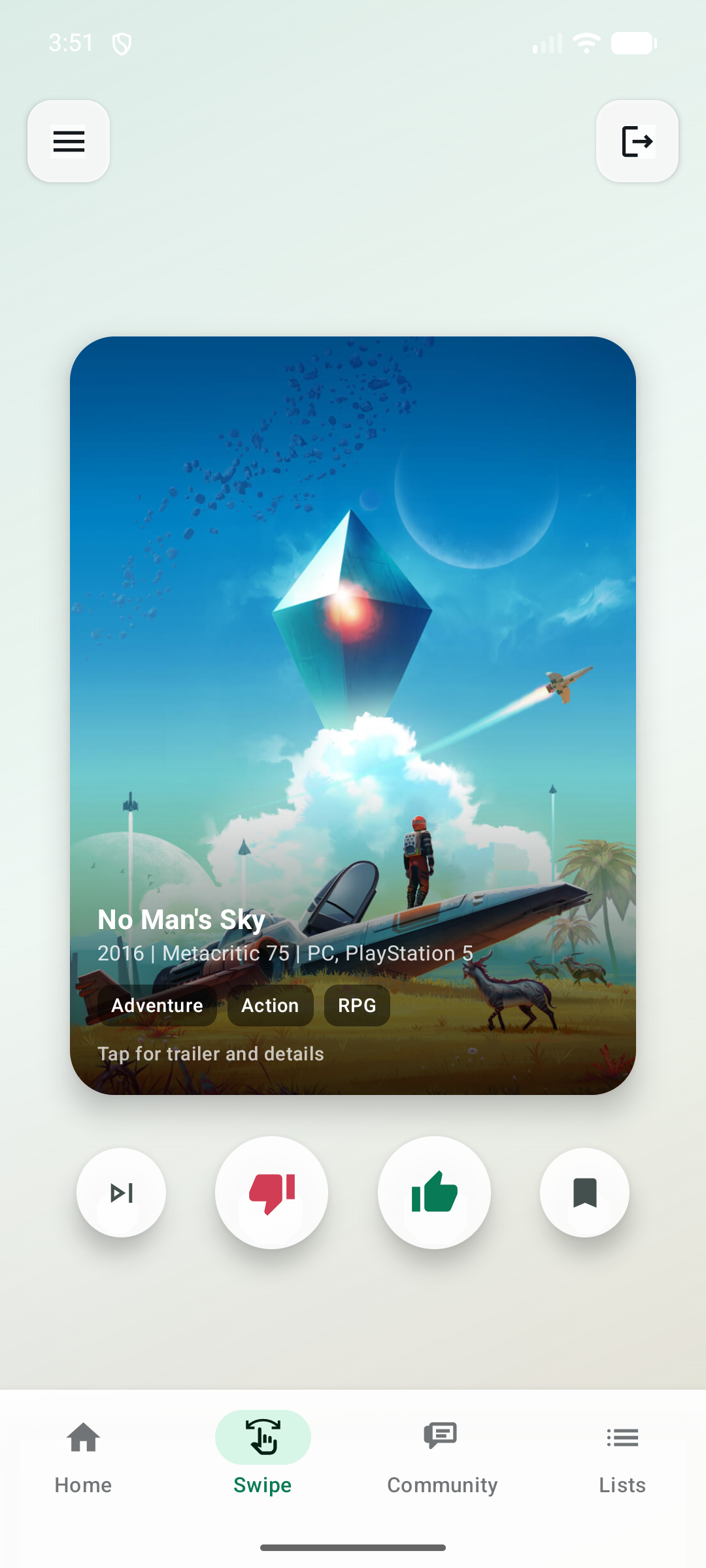 GameSwipe Android swipe screen